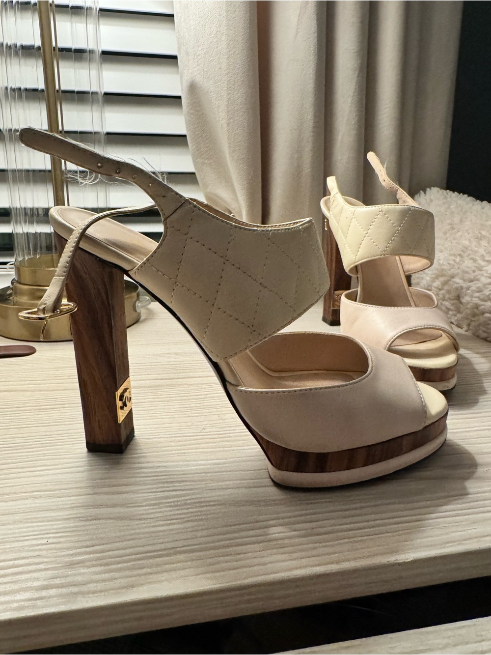 CHANEL Cream Platform Wood Block Slingback Heels CC LOGO - Picture 5 of 15
